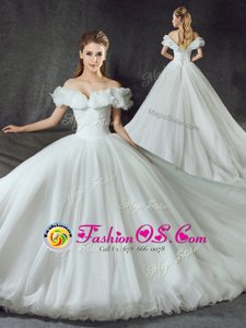Dazzling Off the Shoulder Backless Sleeveless With Train Appliques Lace Up Wedding Dress with White Court Train