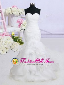 Mermaid Beading and Ruffled Layers Wedding Dresses White Lace Up Sleeveless With Brush Train