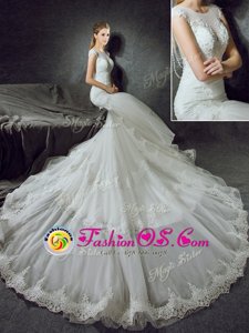 Mermaid Scoop Sleeveless With Train Lace Side Zipper Wedding Gowns with White Court Train