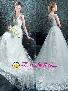 V-neck Sleeveless Bridal Gown With Brush Train Lace and Appliques White Tulle