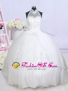 White Bridal Gown Wedding Party and For with Beading and Appliques Halter Top Sleeveless Brush Train Lace Up