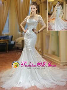 Modern Mermaid White Scoop Lace Up Appliques Wedding Gown Brush Train Half Sleeves