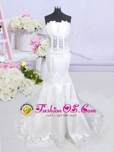 Edgy See Through With Train Mermaid Sleeveless White Wedding Dresses Brush Train Zipper