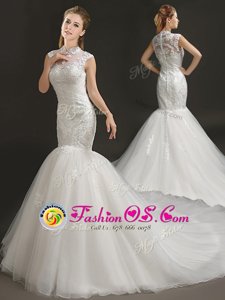 Perfect Mermaid White Wedding Gown Wedding Party and For with Lace and Appliques High-neck Sleeveless Court Train Zipper