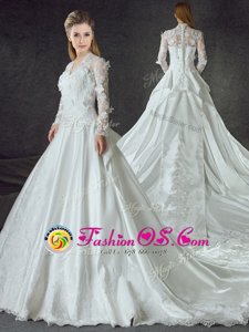 White V-neck Neckline Lace and Appliques Wedding Dresses Long Sleeves Zipper