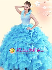 Affordable Aqua Blue Backless High-neck Beading and Ruffles 15th Birthday Dress Organza Sleeveless