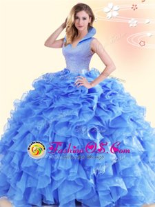 Inexpensive Blue Sleeveless Floor Length Beading and Ruffles Backless Vestidos de Quinceanera