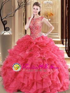 Modern Coral Red Ball Gowns Scoop Sleeveless Organza Floor Length Lace Up Beading and Ruffles Sweet 16 Quinceanera Dress