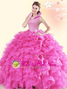 Hot Pink Organza Backless High-neck Sleeveless Floor Length Ball Gown Prom Dress Beading and Ruffles