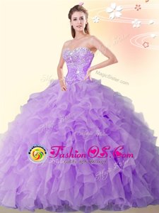 Glittering Eggplant Purple Ball Gowns Organza Sweetheart Sleeveless Beading and Ruffles Floor Length Lace Up Sweet 16 Dresses