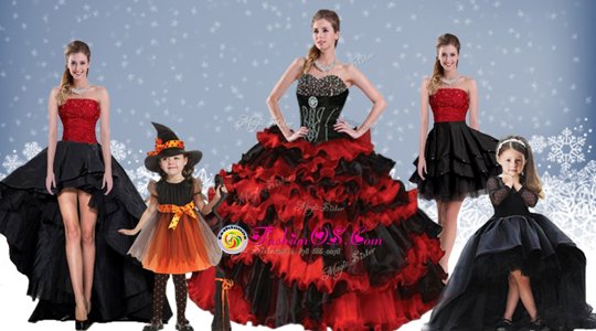 Trendy Beading and Ruffled Layers 15th Birthday Dress Red And Black Lace Up Sleeveless Floor Length