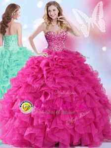 Discount Organza Sweetheart Sleeveless Lace Up Beading and Ruffles Sweet 16 Dresses in Hot Pink