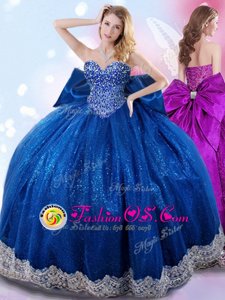 Sweetheart Sleeveless Ball Gown Prom Dress Floor Length Beading and Ruffles Blue And White Organza