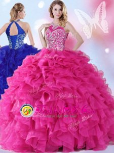 Spectacular Halter Top Sleeveless Lace Up Sweet 16 Dresses Hot Pink Organza