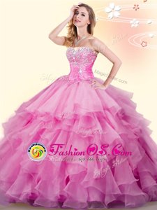Fabulous Rose Pink Sleeveless Floor Length Beading and Ruffles Lace Up Quinceanera Dresses
