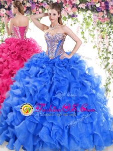Sweet Blue Organza Lace Up Quince Ball Gowns Sleeveless Sweep Train Beading and Ruffles
