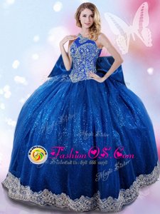 Fantastic Royal Blue Ball Gowns Taffeta Halter Top Sleeveless Beading and Bowknot Floor Length Lace Up Quinceanera Gowns