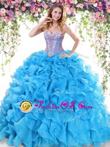 Cute Baby Blue 15th Birthday Dress Organza Sweep Train Sleeveless Beading and Ruffles