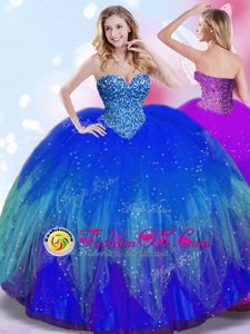 High End Royal Blue Ball Gowns Beading 15th Birthday Dress Lace Up Tulle Sleeveless Floor Length