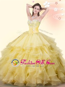 Sophisticated Sweetheart Sleeveless Lace Up 15th Birthday Dress Yellow Organza