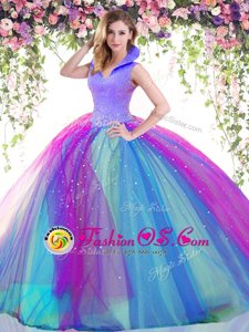 Cute Backless High-neck Sleeveless 15th Birthday Dress Floor Length Beading Multi-color Satin and Tulle