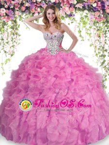 Glorious Rose Pink Lace Up Quinceanera Dress Beading and Ruffles Sleeveless Floor Length