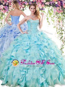 Sleeveless Floor Length Ruffles Lace Up Sweet 16 Dress with Baby Blue