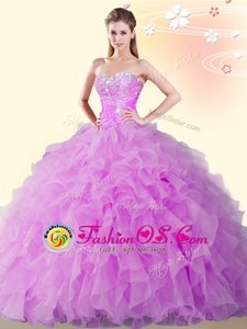 Lilac Ball Gowns Sweetheart Sleeveless Organza Floor Length Lace Up Beading and Ruffles Sweet 16 Dress