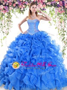Flirting Blue Ball Gowns Beading and Ruffles Vestidos de Quinceanera Lace Up Organza Sleeveless