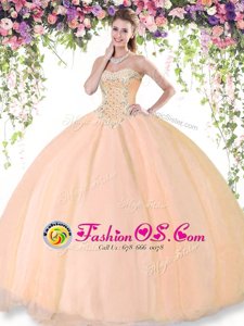 Floor Length Lace Up 15 Quinceanera Dress Peach and In for Military Ball and Sweet 16 and Quinceanera with Beading