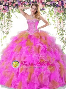 Multi-color Organza Lace Up Quince Ball Gowns Sleeveless Floor Length Beading and Ruffles