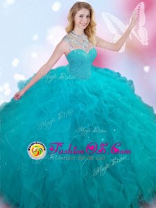 Customized Teal Lace Up High-neck Beading Ball Gown Prom Dress Tulle Sleeveless
