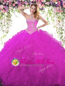 Sleeveless Tulle Floor Length Lace Up 15 Quinceanera Dress in Fuchsia for with Beading
