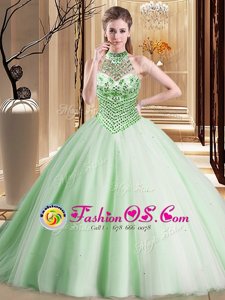 Deluxe Halter Top With Train Lace Up Quinceanera Dress Apple Green and In for Military Ball and Sweet 16 and Quinceanera with Beading Brush Train