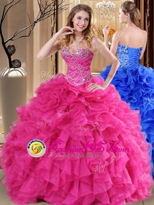 Hot Pink Sleeveless Organza Lace Up Sweet 16 Dress for Military Ball and Sweet 16 and Quinceanera
