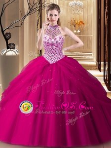 Pick Ups Halter Top Sleeveless Brush Train Lace Up Quince Ball Gowns Fuchsia Tulle