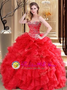 Decent Organza Sweetheart Sleeveless Lace Up Beading and Ruffles Quinceanera Dresses in Red