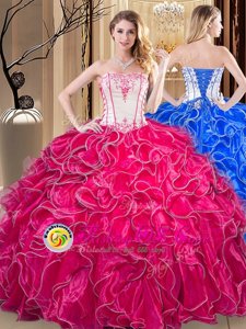 Most Popular Coral Red Ball Gowns Strapless Sleeveless Organza Floor Length Lace Up Embroidery and Ruffles 15th Birthday Dress