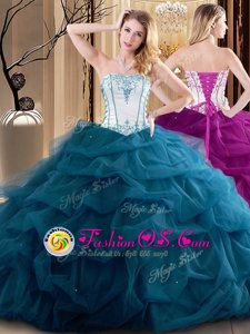 Elegant Floor Length Teal Sweet 16 Quinceanera Dress Tulle Sleeveless Embroidery and Ruffled Layers
