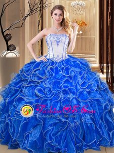 Flare Royal Blue Lace Up Strapless Embroidery and Ruffles Vestidos de Quinceanera Organza Sleeveless