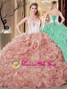 Champagne Quinceanera Dress Military Ball and Sweet 16 and Quinceanera and For with Embroidery and Ruffles Strapless Sleeveless Lace Up