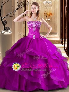 Admirable Fuchsia Sleeveless Embroidery and Ruffles Floor Length Quinceanera Gown