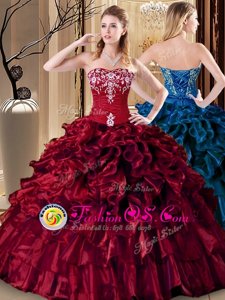 Flare Wine Red Ball Gowns Sweetheart Sleeveless Organza Floor Length Lace Up Embroidery and Ruffles Sweet 16 Dress