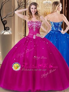 Romantic Floor Length Fuchsia Sweet 16 Dress Tulle Sleeveless Beading and Embroidery