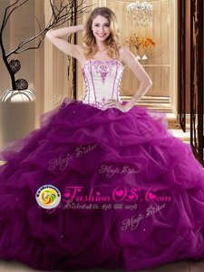Fabulous Fuchsia Tulle Lace Up Strapless Sleeveless Floor Length Quinceanera Dress Embroidery and Ruffled Layers
