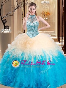 Halter Top Floor Length Multi-color Ball Gown Prom Dress Tulle Sleeveless Beading and Ruffles