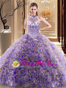 Dramatic Halter Top With Train Ball Gowns Sleeveless Multi-color Sweet 16 Dresses Brush Train Lace Up