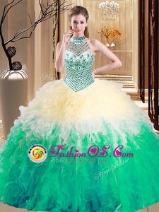 Graceful Halter Top Sleeveless Floor Length Beading and Ruffles Lace Up Quinceanera Dress with Multi-color