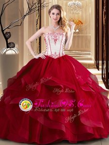 Fantastic Wine Red Ball Gowns Strapless Sleeveless Tulle Floor Length Lace Up Embroidery Sweet 16 Quinceanera Dress