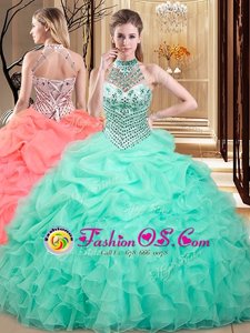 Halter Top Sleeveless Organza Floor Length Lace Up Quinceanera Dresses in Apple Green for with Beading and Ruffles and Pick Ups